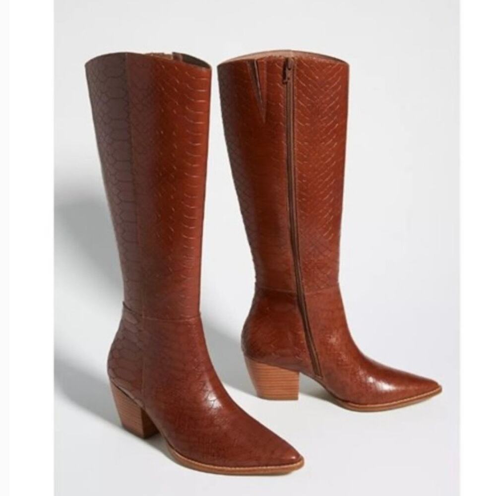 Anthro Matisse Bruna Embossed Croc Block Heel Knee High Zip Leather Boot Size 6M